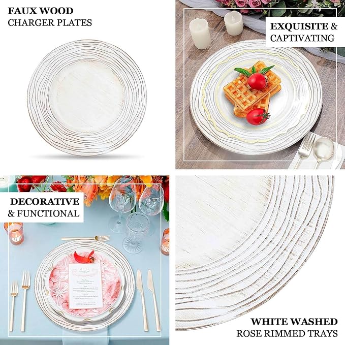Efavormart 6 Pack | 13" White Washed Rose Embossed Faux Wood Plastic Charger Trays, Round Disposable Serving Plates