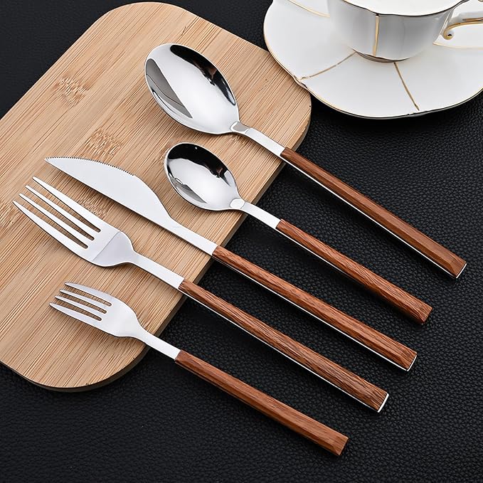 30pcs Wood Handle Flatware Set, Stainless Steel Cutlery Set Include Knife/Fork/Spoons, Mirror Polish, Service for 6 (Brown Silver)
