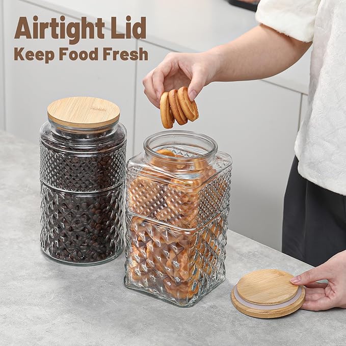90 oz | 0.7 Gallon Large Cookie Jar, Glass Jar with Airtight Lid, Decorative Kitchen Canister with Bamboo Lids, Candy Jar | Glass Storage Air tight Glass 2600ml Square