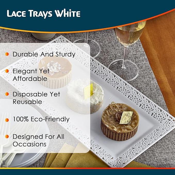 Silver Spoons White Plastic Rectangular Trays with Lace Rim - 14" x 7.5" (Pack of 6) - Perfect for Parties, Weddings & More