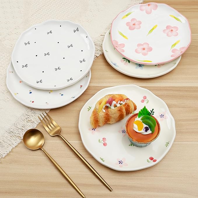 Koythin Floral Ceramic Dinner Plates, 8" Microwave Safe Dishes for Pasta, Modern Rustic Appetizer Plate for Salad Fruits Dessert Cake (Pink Large Petals)