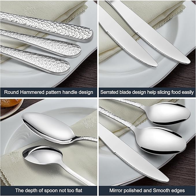 HaWare Hammered Silverware Set, 40-Piece Stainless Steel Flatware Set Serving for 8, Food-Grade Tableware Cutlery Set, Reusable Eating Utensil Sets for Home Restaurant, Mirror Polish, Dishwasher Safe
