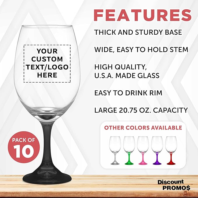 Custom Rioja Grand Wine Glasses 20.75 oz. Set of 10, Personalized Bulk Pack - Perfect for Hotel, Bar, Restaurant or Lounge - Black