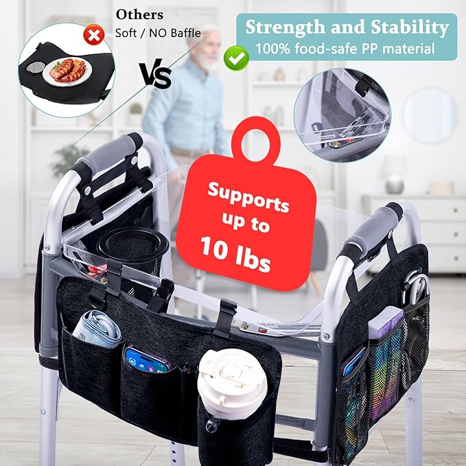 BAGSFY Clear View Walker Tray with Cup Holder & Front, Side Pockets, Transparent Folding Walker Table for Seniors, 8.8lbs Load-Bearing Sturdy PP Tray, Universal Fit Walker Accessory for Elderly