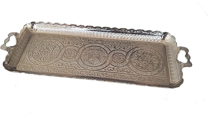 Turkish Ottoman Coffee Tea Beverage Serving Wavy Tray 14.2 * 5.5 inch Suitable for Serving 2 Cups, Weight 350 Grams (Silver)