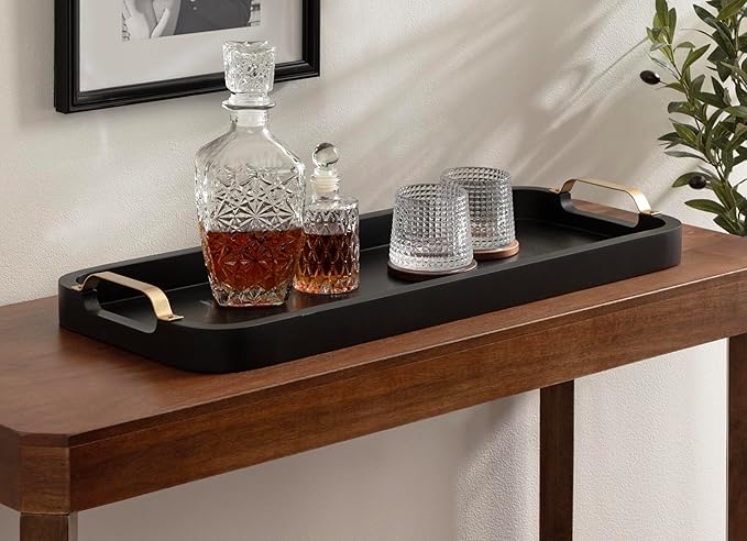 Kate and Laurel Farson Modern Decorative Wood Rectangle Tray with Handles, 10 x 24, Black and Gold, Transitional Rectangular Tray for Use as Entryway Tray Decor or Ottoman Serving Tray