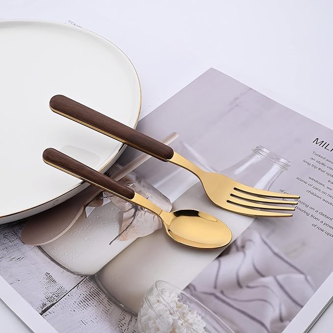24 Piece Tableware Silverware Set with Faux Wooden Handle, Brown Gold Stainless Steel Flatware Cutlery Set for 6, Utensil Set for Home Including Forks Spoons Knives, Mirror Polished