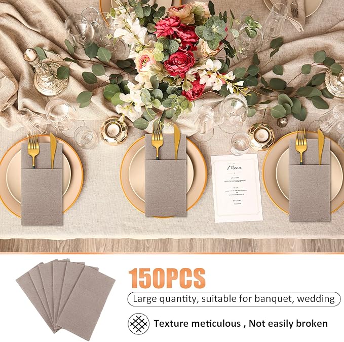 Cindeer 150 Pcs Wood Color Linen Dinner Feel napkins with Built in Flatware Pocket Prefolded Paper Disposable Airlaid Guest Hand Towel for Silverware Wedding Reception Christmas Baby Shower