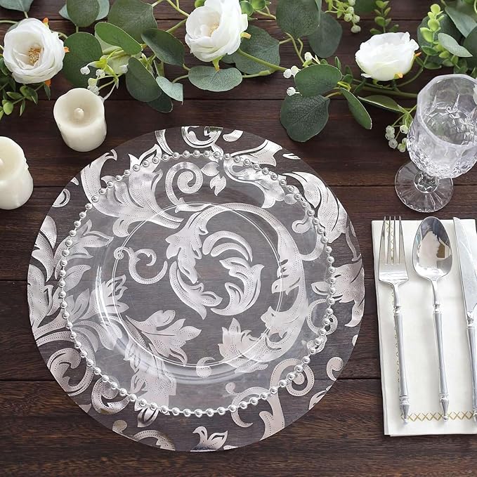 20 Pack 13" Silver Sheer Organza Placemats - Round Floral Foil Design Disposable Elegant Perfect for Parties and Events
