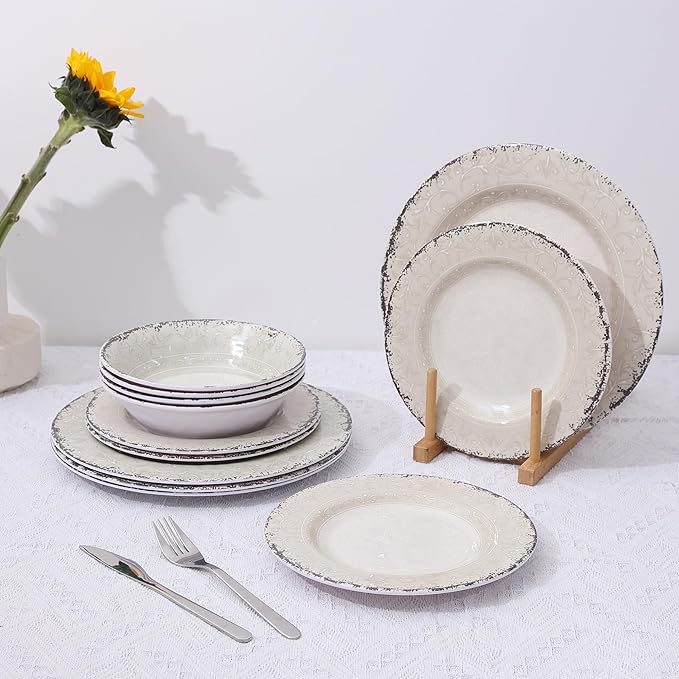 Melamine Dinnerware Set for 4, 12-Piece Rusty Gray – BPA-Free, Dishwasher-Safe Plates & Bowls for Indoor Outdoor Dining, Portable and Reusable