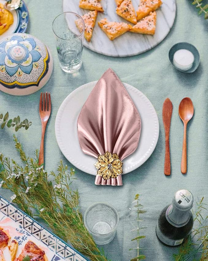 CROWN GUIDE 12 Pack Gold Napkin Rings and Cloth Napkins Set of 6, 17x17 Satin Cocktail Napkins Bulk Table Napkins Holder for Wedding Reception Personalized Napkins Bridal Shower for Party Decorative