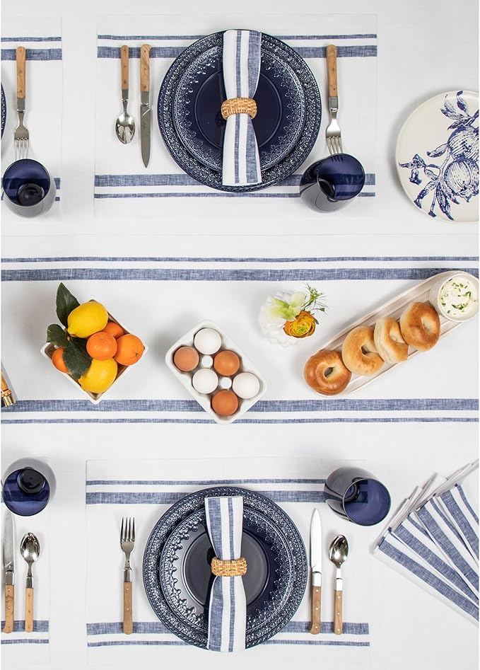 Solino Home Linen Placemats Set of 4 - French Stripe Navy and White Placemats 14 x 19 Inch - 100% Pure Linen Table Mats for Holiday, Winter