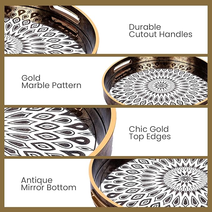 Round Serving Tray with with Handles Antique Look & Stylish Design Decorative Trays for Kitchen Round Ottoman Tray for Dinning Living Room & Home Decor Pack of 2 (White-Gold)