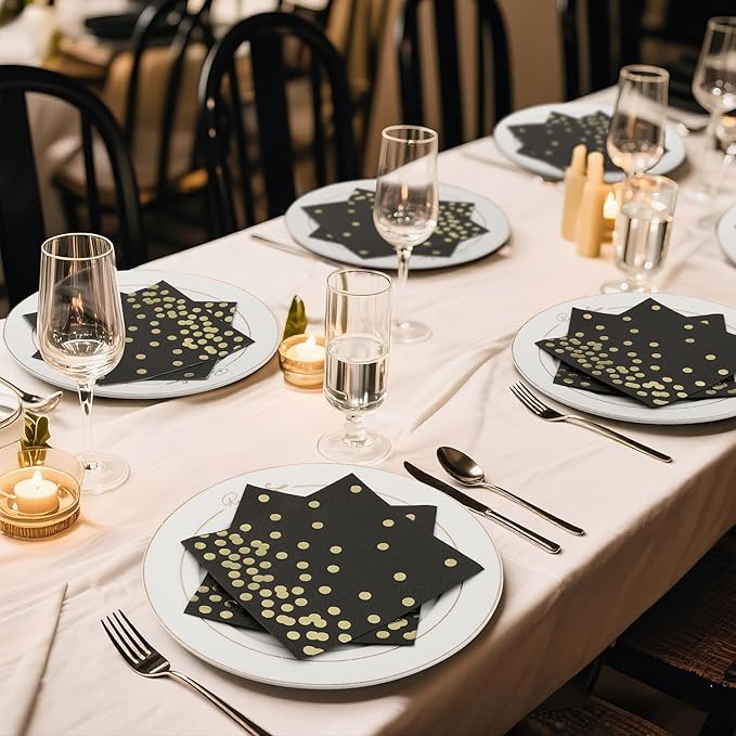 80 Pack of White Paper Cocktail Napkins with Gold Foil Polka Dot Confetti，Polka Dot Party Supplies(5 x 5 in，3-ply) (Black)
