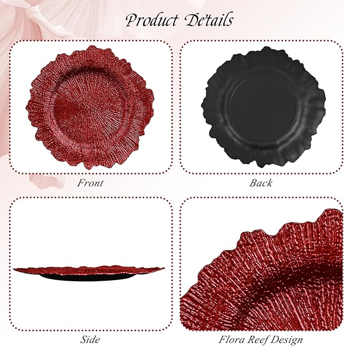 24 Pack Red Charger Plates Bulk, 13" Plastic Reef Chargers for Dinner Plates, Round Charger Plate with Floral Reef Design for Dinner Wedding Party Table Setting Decoration