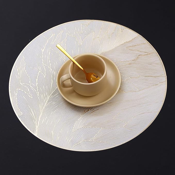 FAVE 8PCS Round Placemats Feather Pressed Vinyl Placemats Set of 8 Slip Resistant Table Mats Wipeable Gold Placemat for Table Decor Holiday Wedding Accent(Golden Feather, 8PCS)