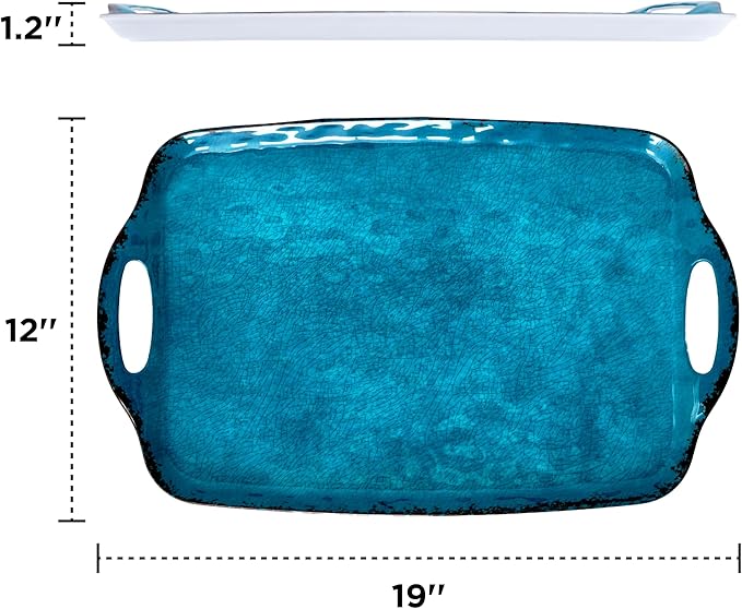 TP Large Serving Trays with Handles, 19" x 12" Melamine Serving Platters for Food, Turkey, Set of 2 Rectangular Trays for Party, Retro Teal