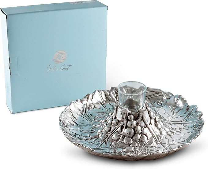 Arthur Court Aluminum Metal Grape Pattern Tidbit Cheese Hors d'oeuvres Tray with Glass for Toothpick - Entertaining Small Platter 10 inch Diameter x 2.25 inch Tall
