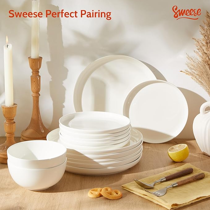 Sweese Porcelain Dinner Plates Set of 6, 10 Inch Lightweight Round Dish Set - Dishwasher, Microwave, Oven Safe, Scratch Resistant, Kitchen Serving Dishes - White