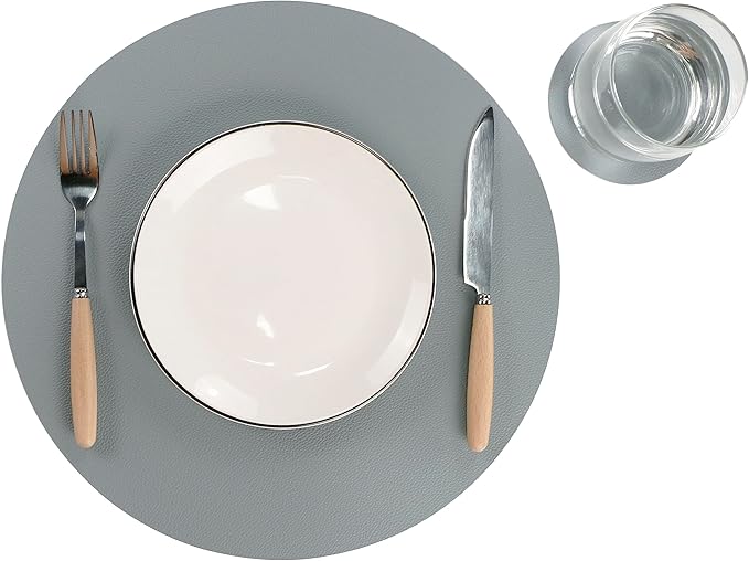 Wipeable Placemats and Coasters Leather Table Mats Waterproof Heat-Resistant Easy to Clean for Dining Table Set Kitchen Table Set of 4, Pale Blue