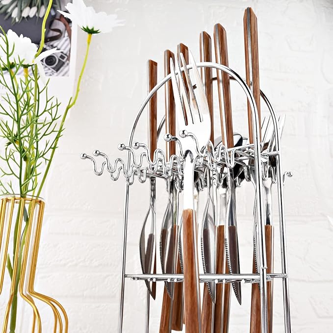 24Pcs Wooden Handle Flatware Silverware Set with Stand, Stainless Steel Cutlery Set for 6, Square Handle Eating Utensils, Mirror Polished Knife Fork Set