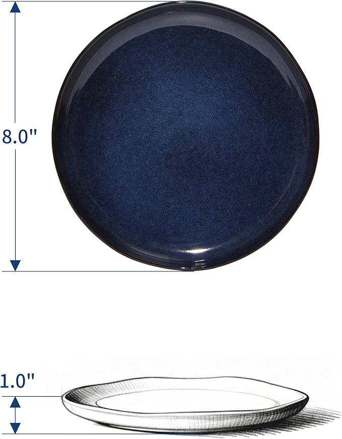 8 Inch Salad Plates Set of 6, Dessert & Side Plates with Wavy Rim-Stoneware, Dishwasher & Microwave Safe, Ceramic Plate Set, Starry Blue
