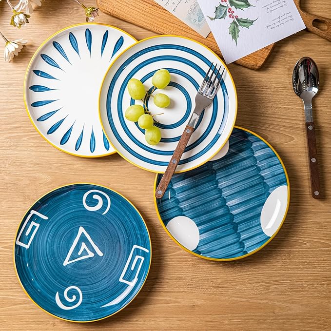 Yeacccng Dinner Plates Set of 4, Ceramic Sandwich Plate, 8 Inch Saucers Plates, Shallow Plates for Kitchen Decor, Scratch-Resistant, Lead-Free, Dishwasher & Microwave Safe, Easy Clean