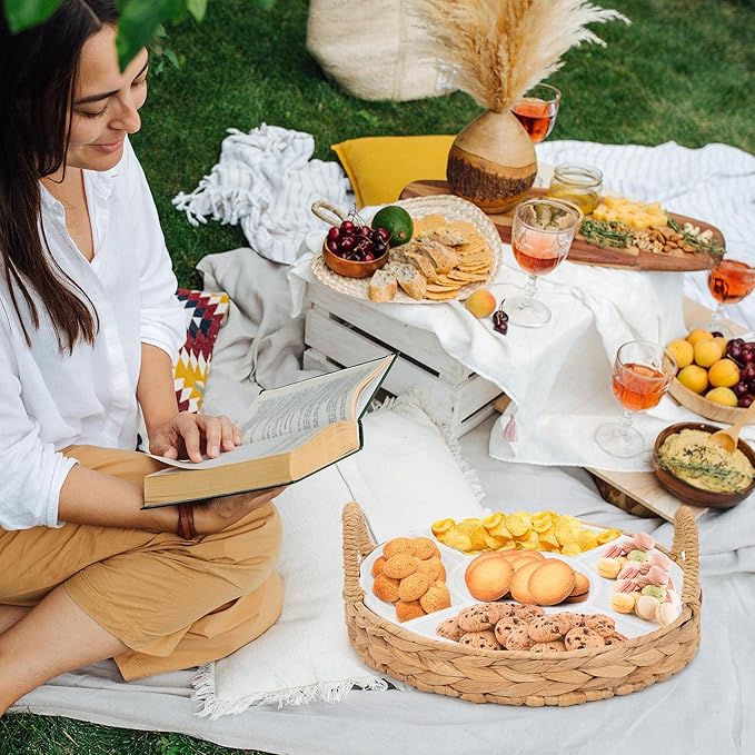 GENMOUS Chips and Dip Serving Tray, 13" Divided Serving Trays for Dips Candy, Water Hyacinth with 5 Sectional Melamine Appetizer Relish Trays for Parties
