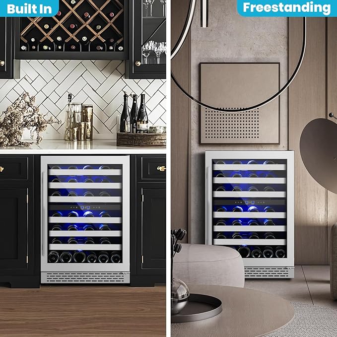 24 Inch Wine Cooler Refrigerator, 46 Bottle Dual Zone Wine Fridge Cooler Under Counter with Upgrade Compressor Tempered Glass Door, 40-65°F, Built-in/Freestanding for Kitchen Bar Office