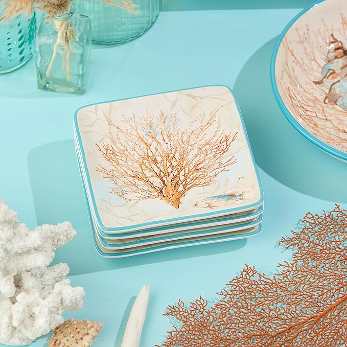 Escape to the Sea 6-Inch Canape Plates, Set of 4, Coastal Seashell & Coral Design, Durable Ceramic, Lightweight & Dishwasher Safe, Elegant Ocean-Inspired Plates for Appetizers & Desserts