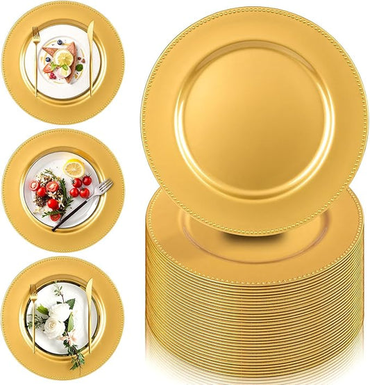 PROY 229 Pcs Charger Plates Set Bulk, 100 Pcs 13'' Gold Charger Plates 129pcs Metallic Gold Balloons Different Sizes 18 12 10 5 Inch Dinner Chargers Set For Dinner Wedding Party Decoration