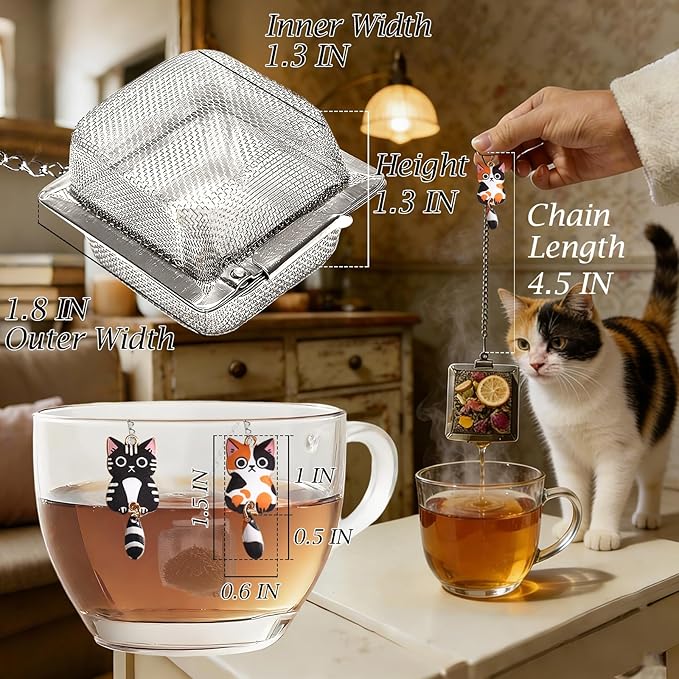 Cat Tea Infuser Set, 2PCS Cubic Loose Leaf Tea Steeper Reusable Stainless Steel Mesh Bags, Cute Tea Strainer with Wagging-Tail Cat Charms (Tuxedo & Calico)