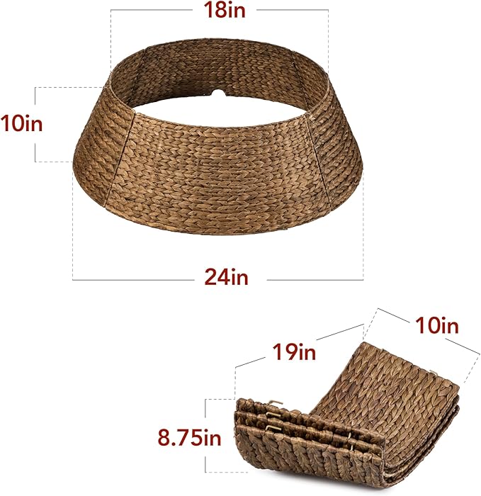 Best Choice Products 24in Christmas Tree Collar, Woven Hyacinth 3-Piece Holiday Rattan Tree Skirt Accessory for Home w/Cord Cut-Out - Chestnut