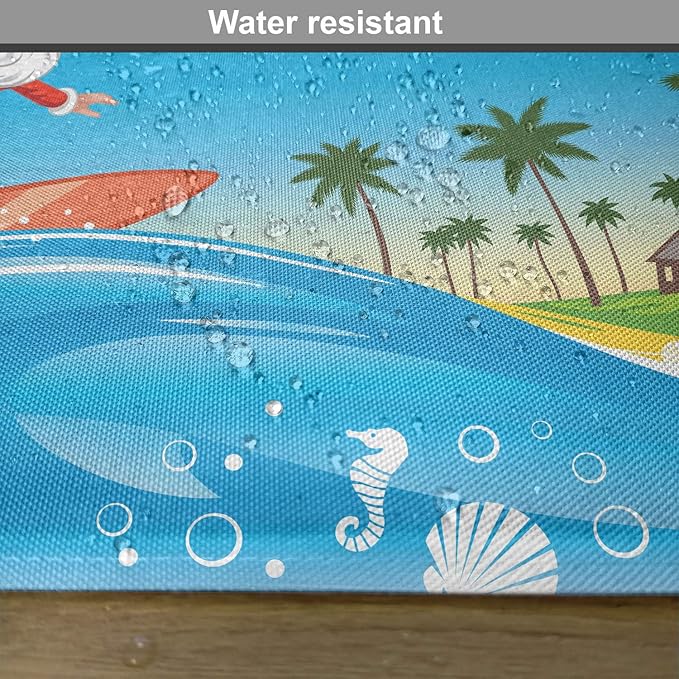 Ambesonne Christmas Place Mats Set of 4, Surfing Santa on a Wave with Sack at The Beach Tropical Night Fantasy Cartoon, Washable Fabric Placemats for Dining Table, Standard Size, Blue