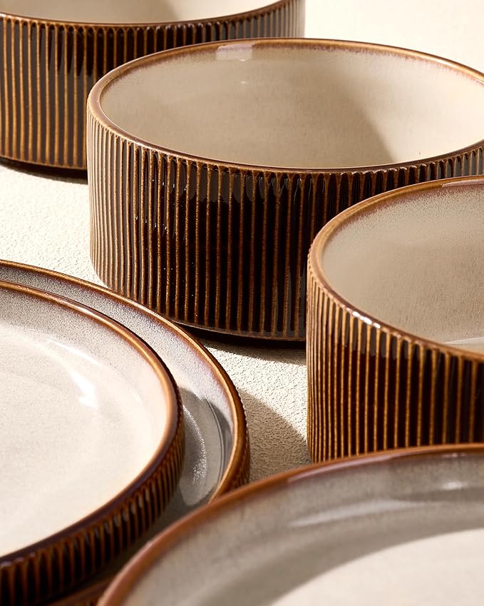 Stoneware Plates and Bowls Dishes Sets Service for 6 (18-Piece), Handcrafted Reactive Glaze Dinnerware Set with Raised Rim, Scratch Resistant, Microwave Dishwasher Safe, Cream Cocoa