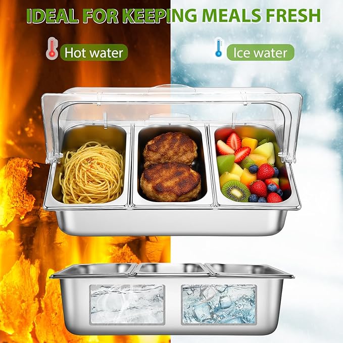 Countertop Food Serving Display Container and Clear Roll Top Cover Stainless Steel Food Serving Tray Buffet Condiment Dispenser Display Rack for Restaurant Hotel Kitchen Party(21 x 13 x 11'')