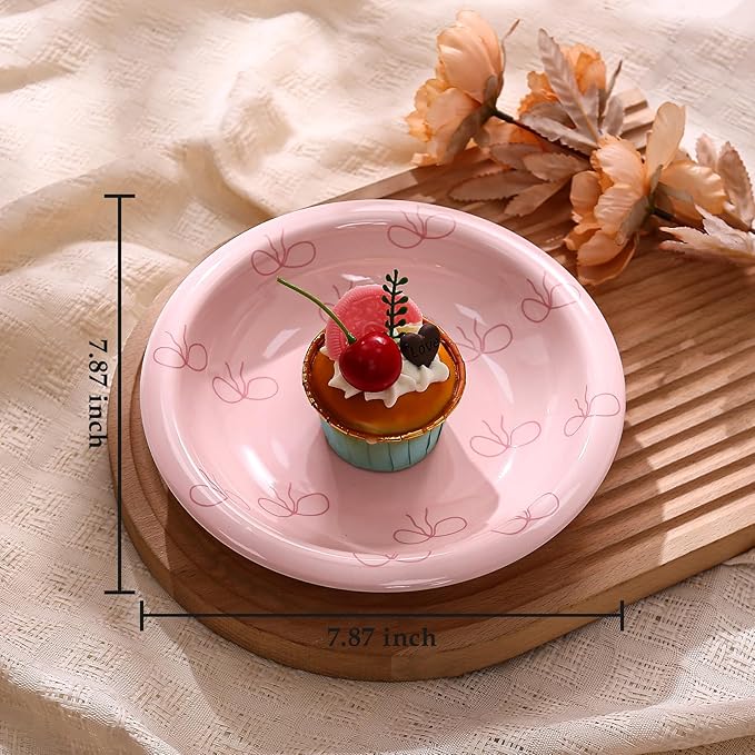 Koythin Ceramic Dessert Plates, Cute Pink Dish Bow Salad Plates for Home Party Restaurant, Round Kitchen Plates, Microwave and Dishwasher Safe (Pink Plate Bow)