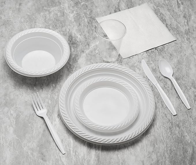 Basix 100 Count Disposable Plastic Plates Microwave Safe 7-Inch, White