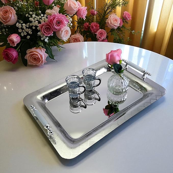 (Pack of 2) 18.5 inch x 13 inch Oval Chrome Plated Silver Serving Tray Stylish Design Iron Gold Floral Engraved Edge in Party Decor Birthday Gift Platter Plate NC-114