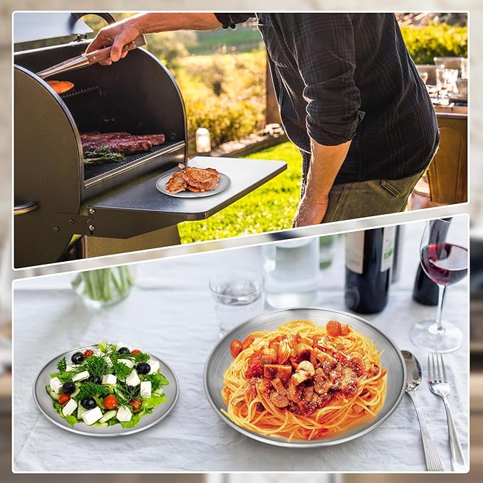 10 Stainless Steel Plates, 7.8 inch 304(18/8) Metal Camping Plate, Reusable Food Serving Dish Snack Eating Dishes Round Shatterproof Plate Silver Dinnerware for BBQ Dinner Oven Dishwasher Safe