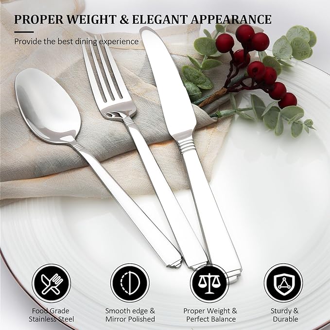 Lorena Flatware Set for 4, 20-Pieces Stainless Steel Silverware Sets Service for 4, 20 Pcs Flugh Cutlery Set Fork Knife Spoon Set,Dishwasher Safe