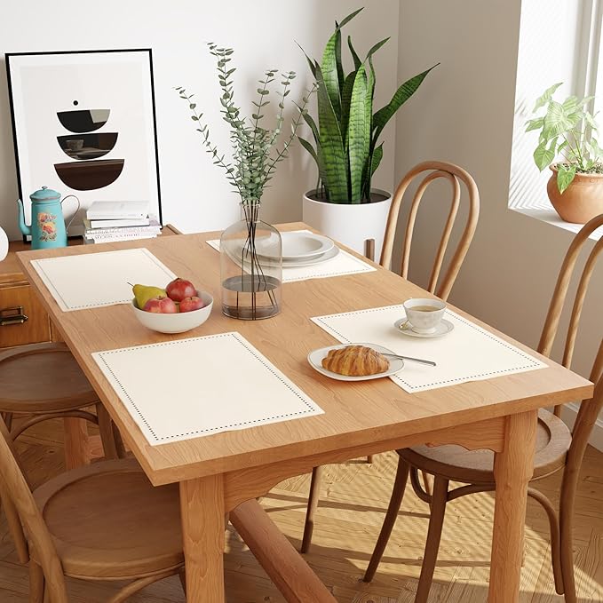 Encasa XO Placemats Set of 4 | Cotton Hemstitched Design | Natural | Rectangular 19"x13" - Dining Table Mat | for Dining Table Fall Decoration, Holiday & Christmas Festivals - Machine Washable