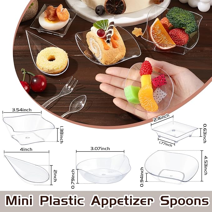 Tessco for you 100 Pcs Mini Appetizer Plates Set, Disposable Dessert Plates Assorted Shape Mini Plastic Spoons for Wedding Party Birthday (Clear)