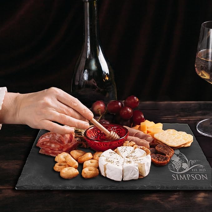 My Personal Memories Personalized Slate Serving Tray Cheese Board with Soapstone - Housewarming, Wedding for Couples - Custom Engraved (Grapes Style)