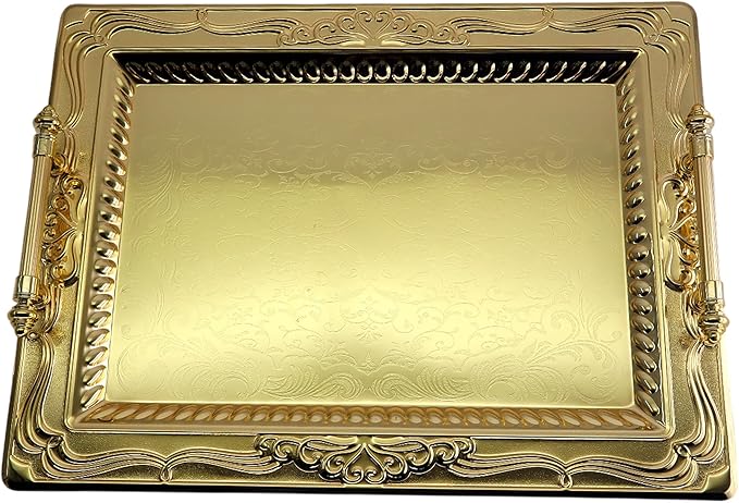 (Pack of 2) 18.1 inch x 13.6 inch Rectangular Iron Gold Plated Serving Tray with Handles Floral Engraved Decorative Party Wedding Buffet Wine Candle Decor Platter Plate Base Dish NC-072