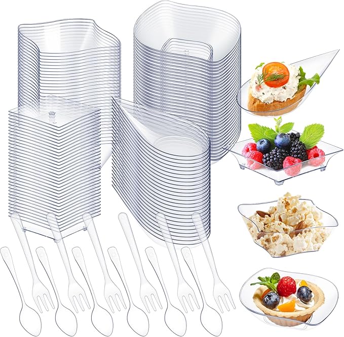 Tessco 400 Pcs Mini Dessert Plates Set, Including 200 Disposable Appetizer Plates Assorted Shape 100 Mini Plastic Forks 100 Plastic Spoons for Party Birthday(Clear)