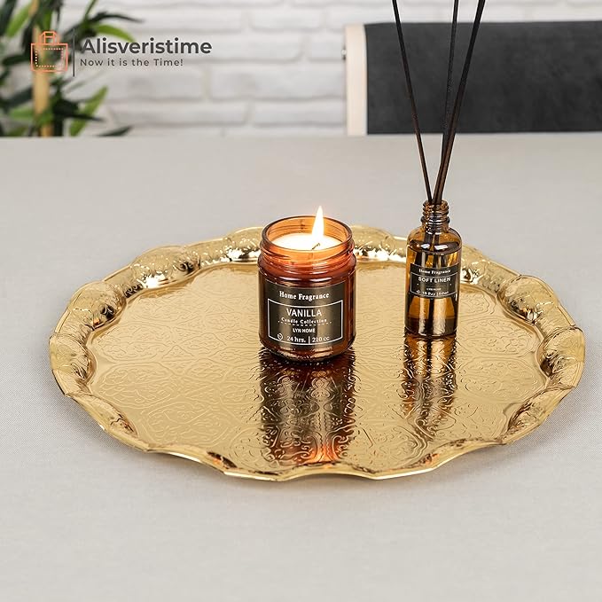 Alisveristime Turkish Ottoman Coffee Tea Serving Tray – 13.60 inches, Metal with Traditional Motifs, Available in Five Colors (Gold)