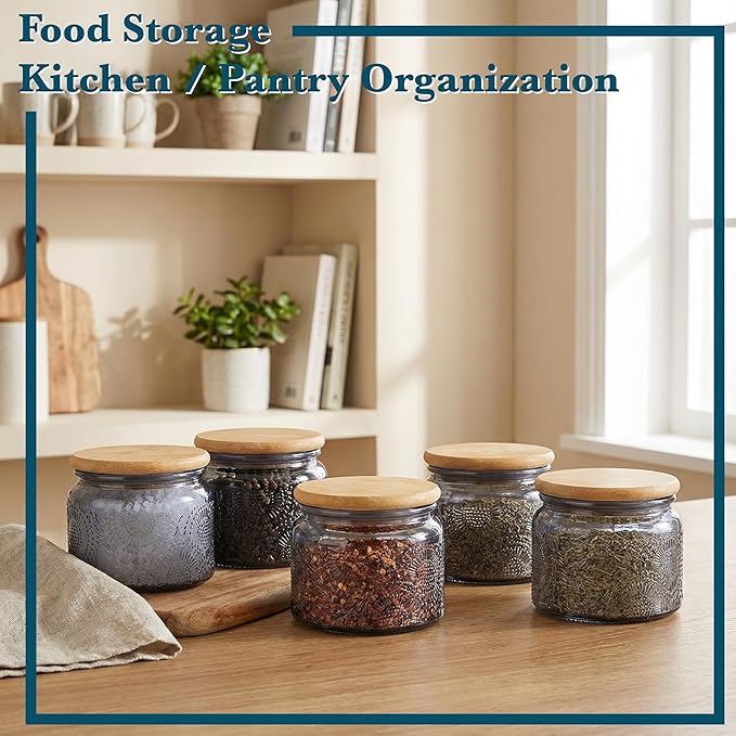4 oz Grey Mini Glass Jars with Airtight Bamboo Lids 6 pack, Decorative Small Food Storage Canister, Vintage Embossed Home Décor Candle Parties Wedding Baby Shower Favors Gift