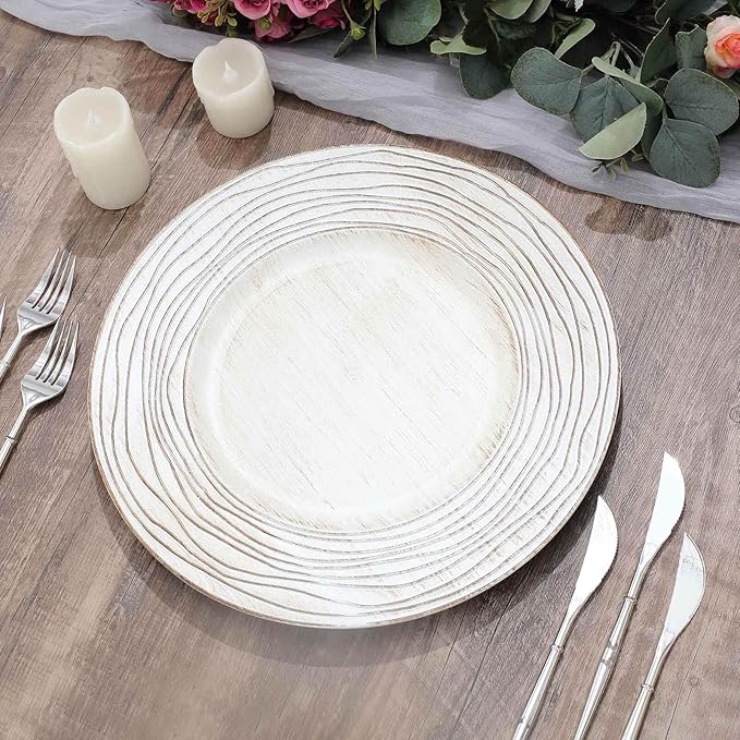 Efavormart 6 Pack | 13" White Washed Rose Embossed Faux Wood Plastic Charger Trays, Round Disposable Serving Plates