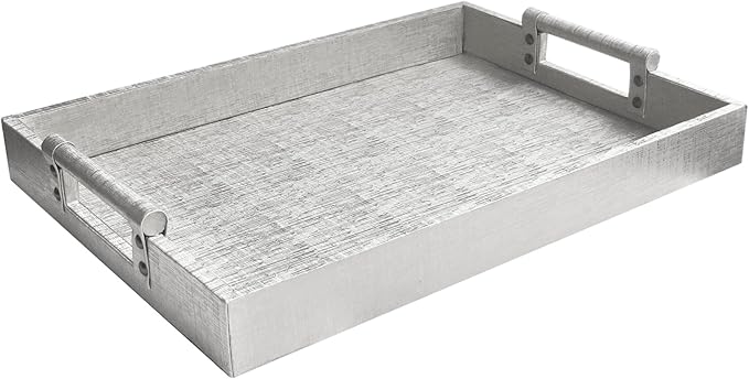 American Atelier Leather Rectangle Serving Tray with Handles-Silver Large